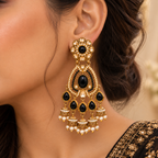 Aarvika Kundan Style Long Chandelier Earrings with Pearl Bead Drops, Black
