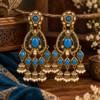 Aarvika Kundan Style Long Chandelier Earrings with Pearl Bead Drops, Blue