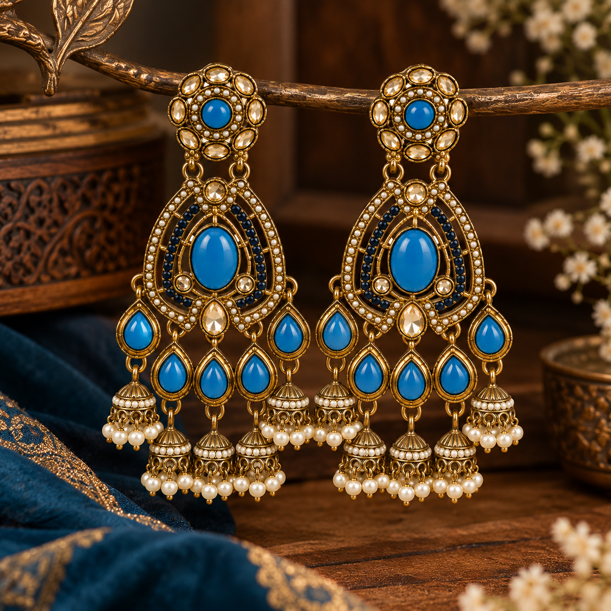 Aarvika Kundan Style Long Chandelier Earrings with Pearl Bead Drops, Blue