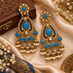 Aarvika Kundan Style Long Chandelier Earrings with Pearl Bead Drops, Blue