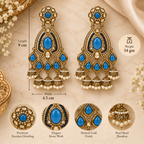 Aarvika Kundan Style Long Chandelier Earrings with Pearl Bead Drops, Blue