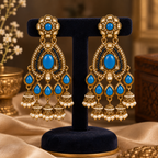 Aarvika Kundan Style Long Chandelier Earrings with Pearl Bead Drops, Blue