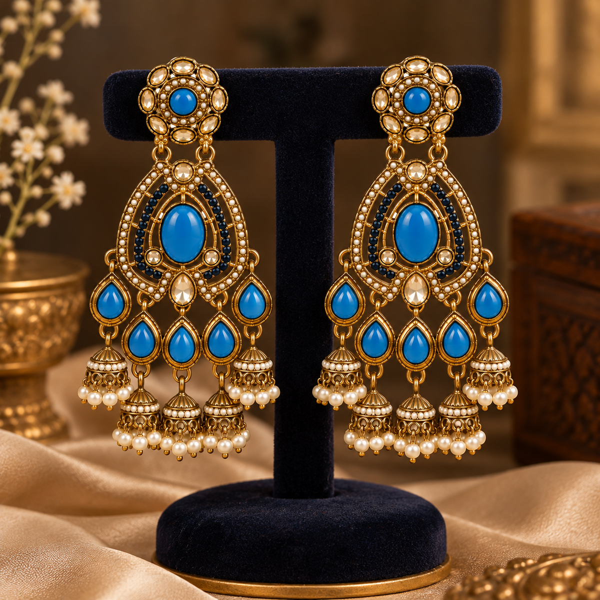 Aarvika Kundan Style Long Chandelier Earrings with Pearl Bead Drops, Blue