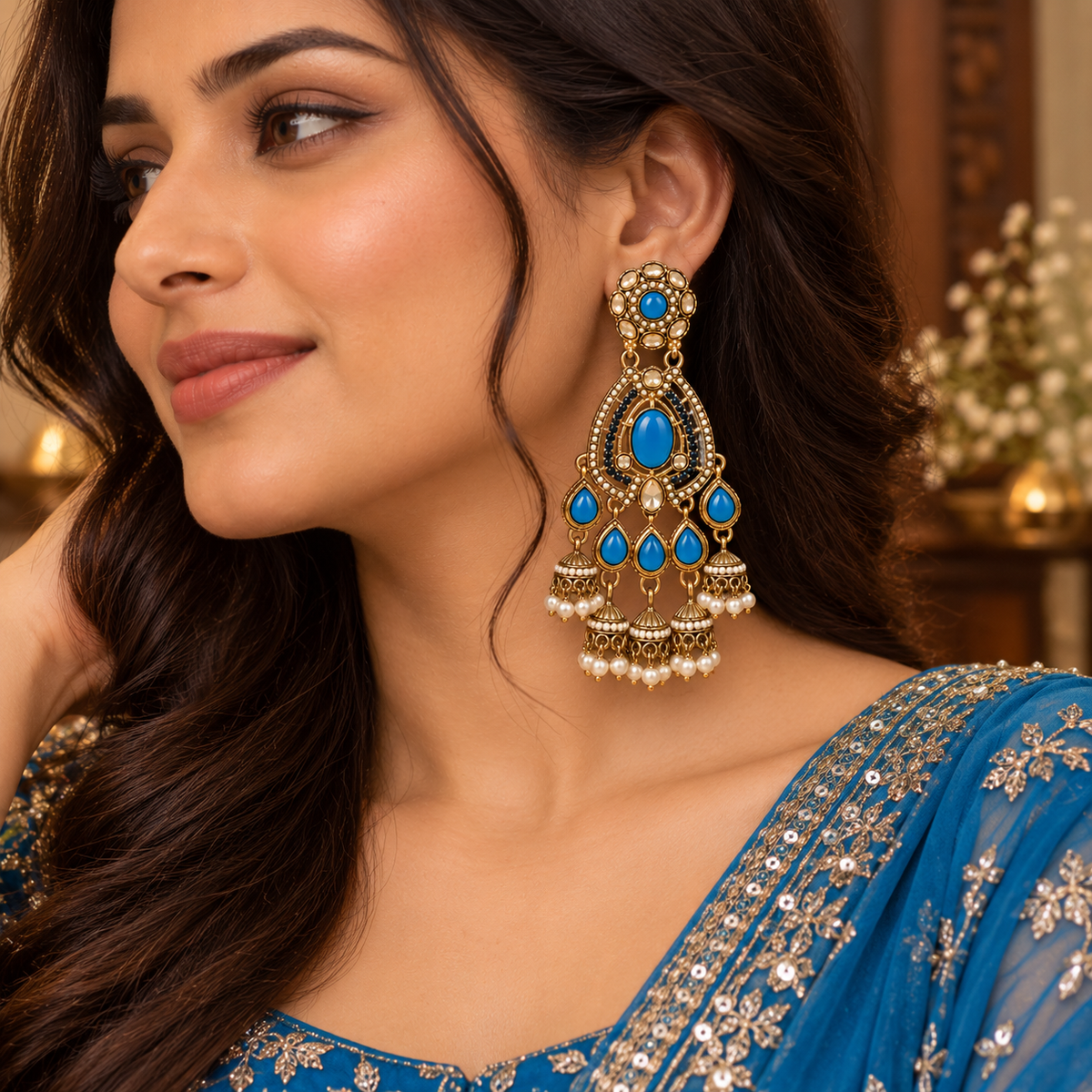 Aarvika Kundan Style Long Chandelier Earrings with Pearl Bead Drops, Blue