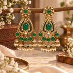 Aarvika Kundan Style Long Chandelier Earrings with Pearl Bead Drops, Green