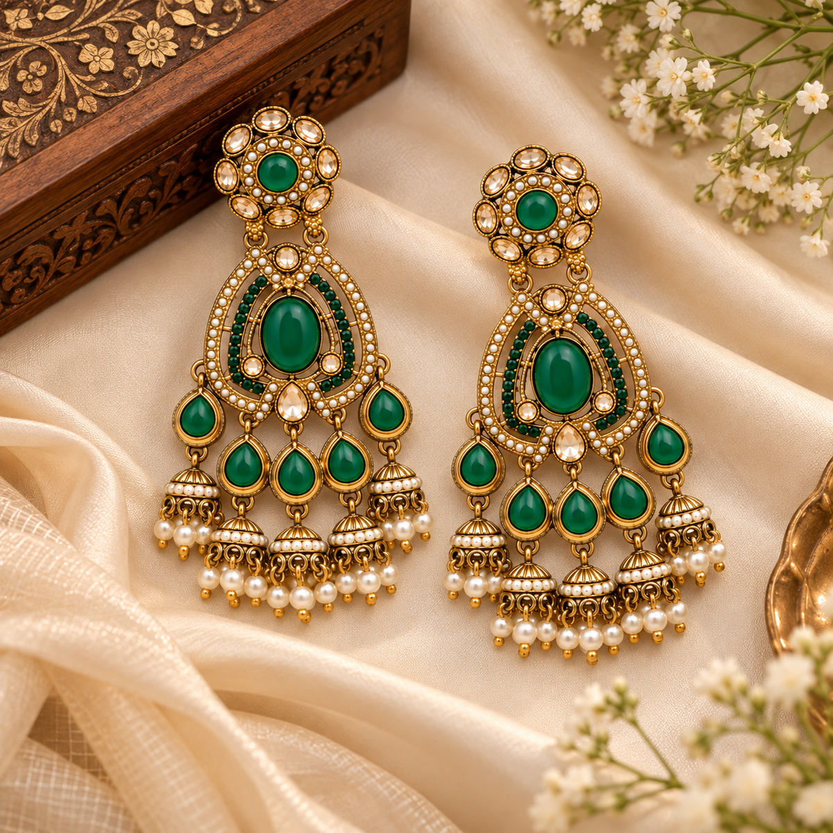 Aarvika Kundan Style Long Chandelier Earrings with Pearl Bead Drops, Green