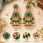 Aarvika Kundan Style Long Chandelier Earrings with Pearl Bead Drops, Green