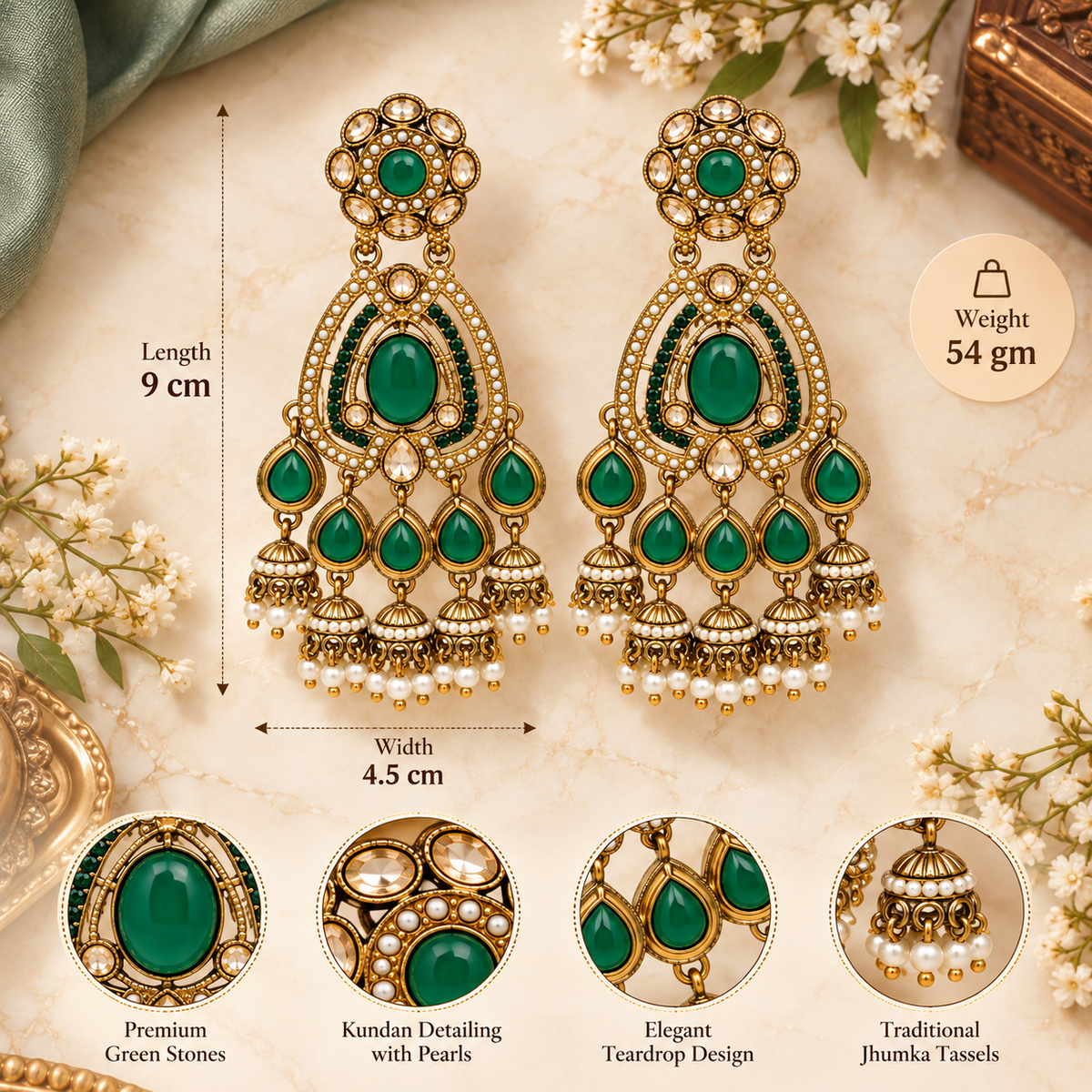 Aarvika Kundan Style Long Chandelier Earrings with Pearl Bead Drops, Green
