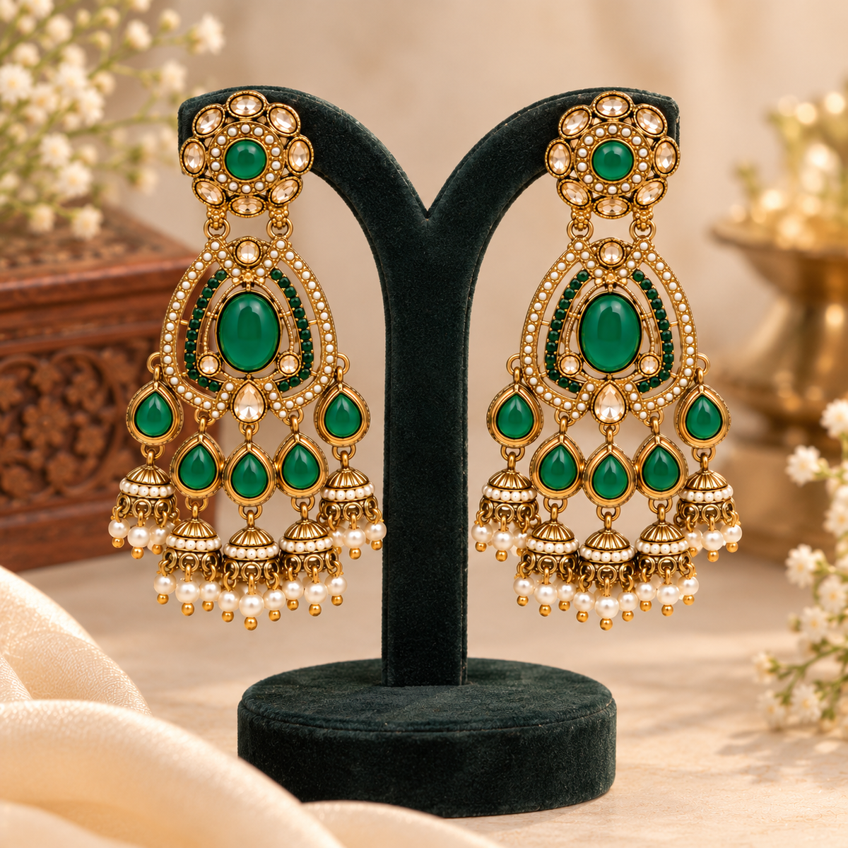 Aarvika Kundan Style Long Chandelier Earrings with Pearl Bead Drops, Green