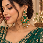 Aarvika Kundan Style Long Chandelier Earrings with Pearl Bead Drops, Green