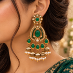 Aarvika Kundan Style Long Chandelier Earrings with Pearl Bead Drops, Green