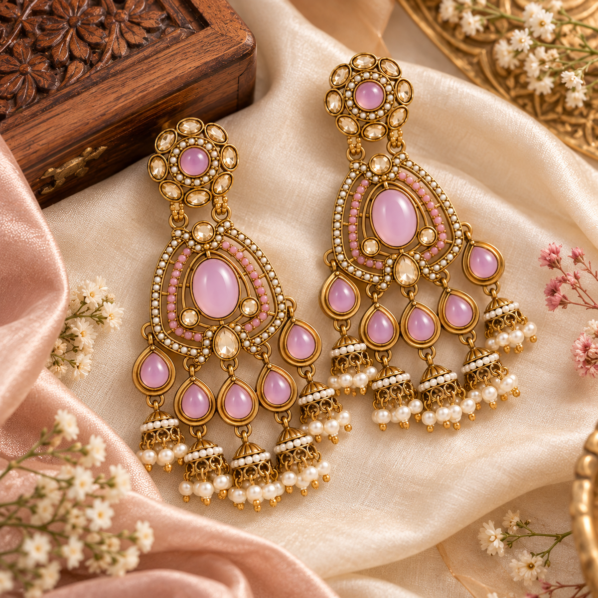 Aarvika Kundan Style Long Chandelier Earrings with Pearl Bead Drops, Mauve