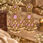 Aarvika Kundan Style Long Chandelier Earrings with Pearl Bead Drops, Mauve