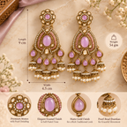 Aarvika Kundan Style Long Chandelier Earrings with Pearl Bead Drops, Mauve