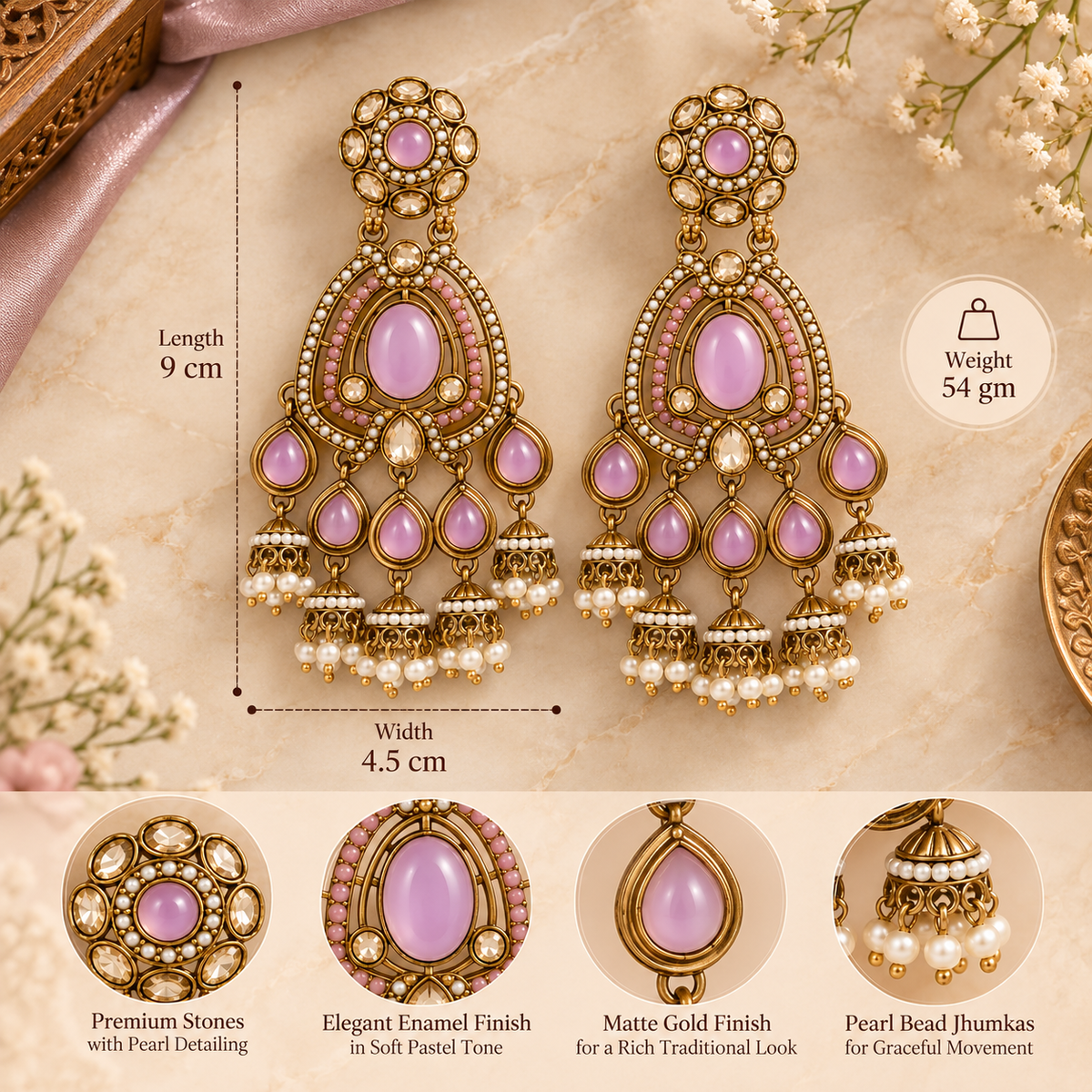 Aarvika Kundan Style Long Chandelier Earrings with Pearl Bead Drops, Mauve
