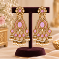 Aarvika Kundan Style Long Chandelier Earrings with Pearl Bead Drops, Mauve