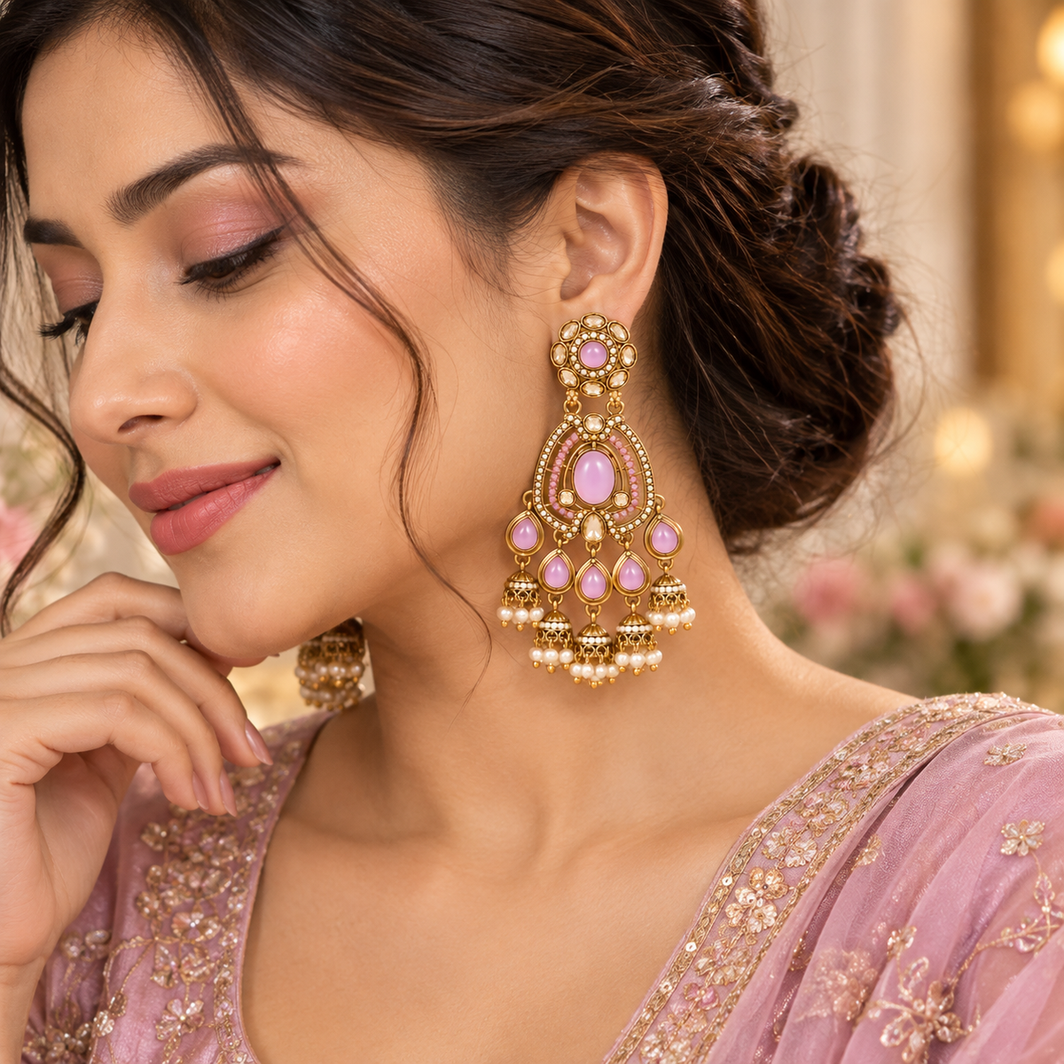 Aarvika Kundan Style Long Chandelier Earrings with Pearl Bead Drops, Mauve