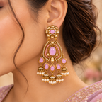 Aarvika Kundan Style Long Chandelier Earrings with Pearl Bead Drops, Mauve