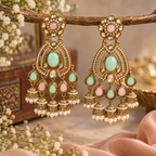 Aarvika Kundan Style Long Chandelier Earrings with Pearl Bead Drops, Mint/Pink