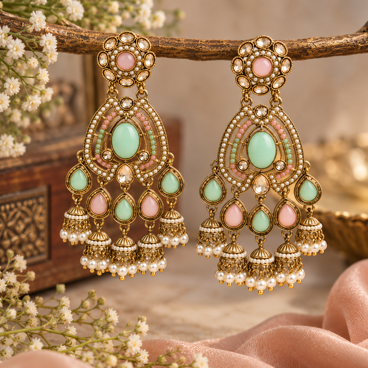 Aarvika Kundan Style Long Chandelier Earrings with Pearl Bead Drops, Mint/Pink