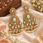 Aarvika Kundan Style Long Chandelier Earrings with Pearl Bead Drops, Mint/Pink