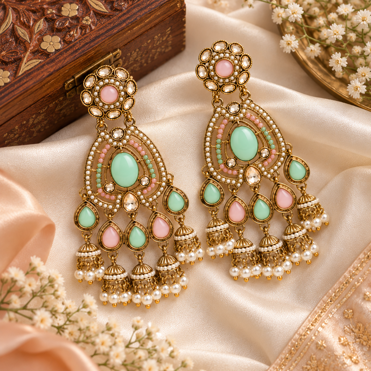 Aarvika Kundan Style Long Chandelier Earrings with Pearl Bead Drops, Mint/Pink