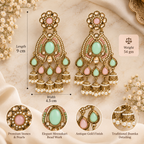 Aarvika Kundan Style Long Chandelier Earrings with Pearl Bead Drops, Mint/Pink