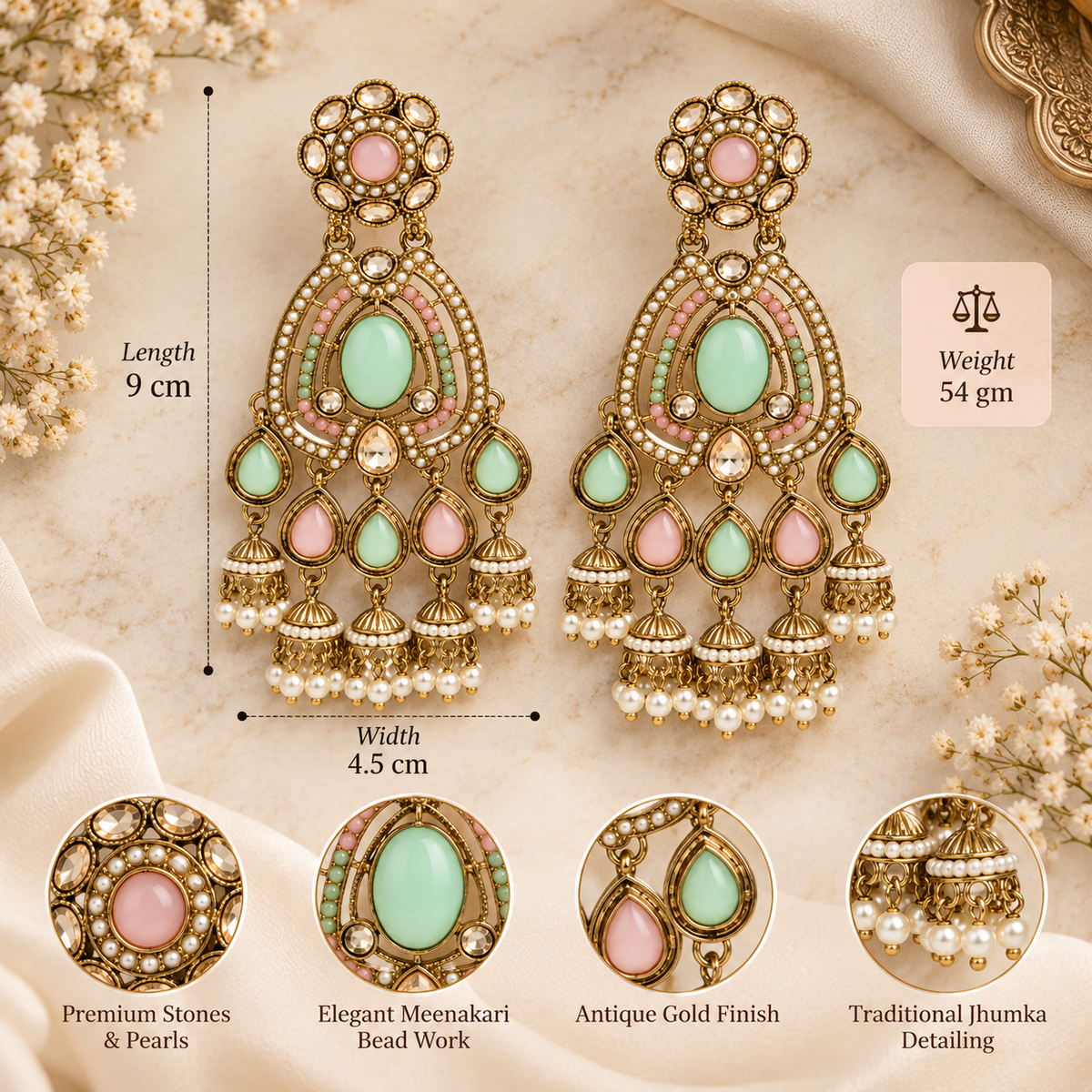 Aarvika Kundan Style Long Chandelier Earrings with Pearl Bead Drops, Mint/Pink