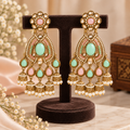Aarvika Kundan Style Long Chandelier Earrings with Pearl Bead Drops, Mint/Pink