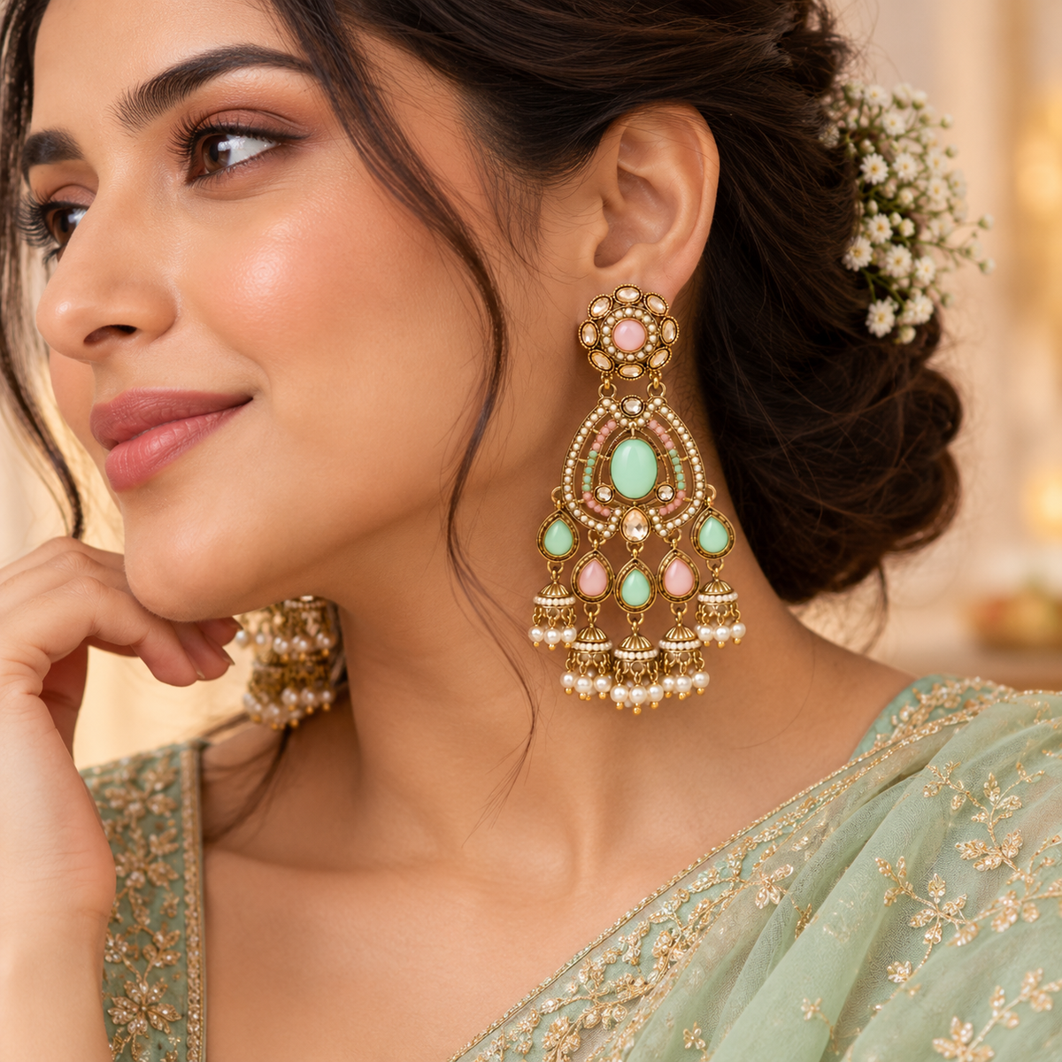 Aarvika Kundan Style Long Chandelier Earrings with Pearl Bead Drops, Mint/Pink