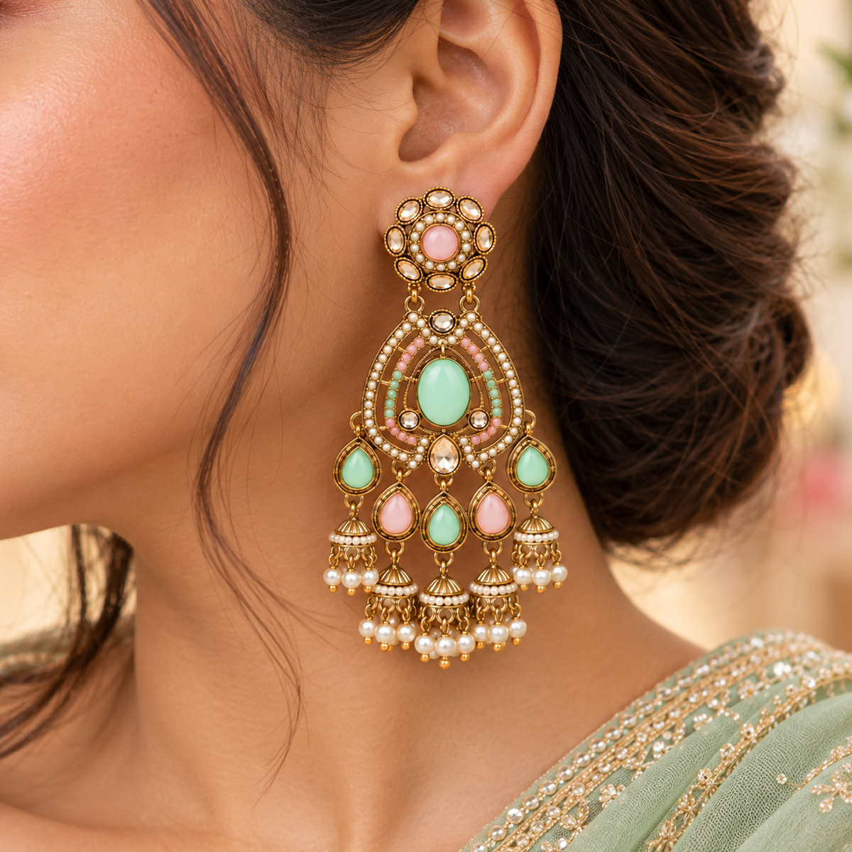 Aarvika Kundan Style Long Chandelier Earrings with Pearl Bead Drops, Mint/Pink