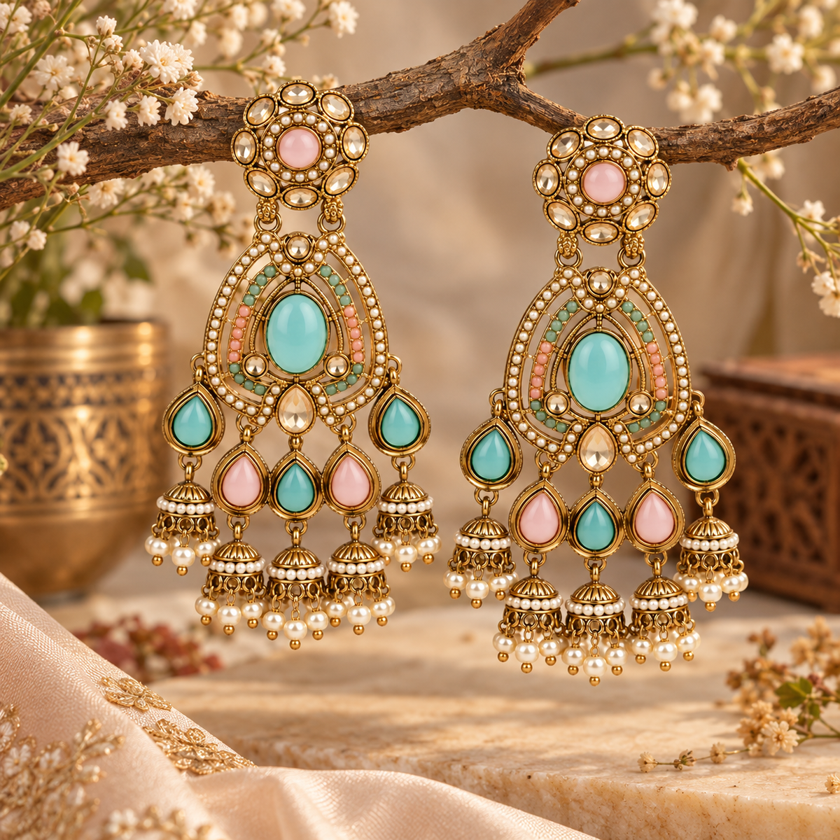 Aarvika Kundan Style Long Chandelier Earrings with Pearl Bead Drops, Pastel Green/Pink