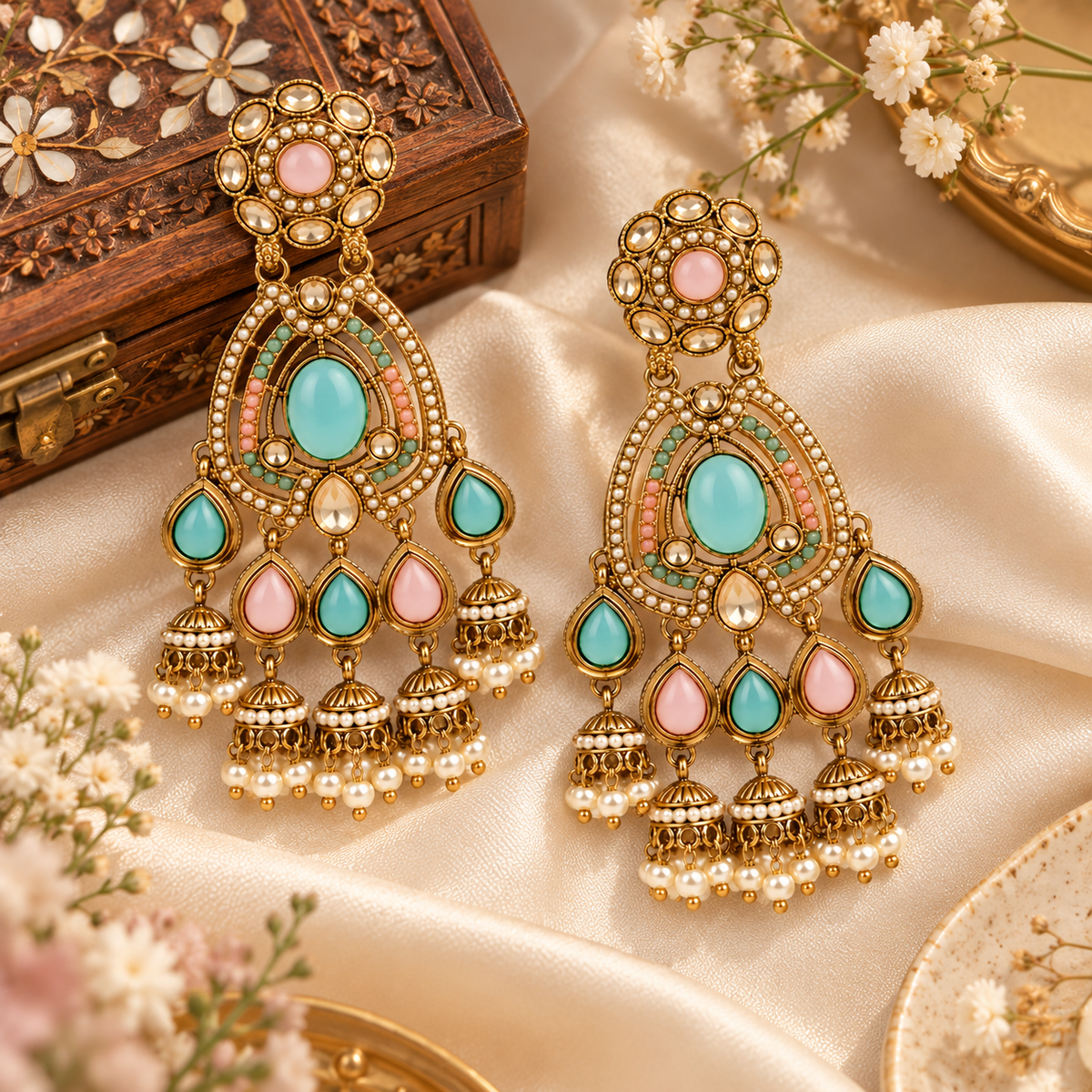 Aarvika Kundan Style Long Chandelier Earrings with Pearl Bead Drops, Pastel Green/Pink