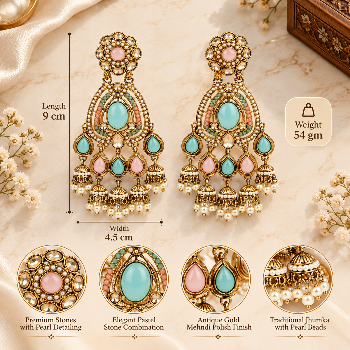 Aarvika Kundan Style Long Chandelier Earrings with Pearl Bead Drops, Pastel Green/Pink