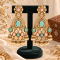 Aarvika Kundan Style Long Chandelier Earrings with Pearl Bead Drops, Pastel Green/Pink