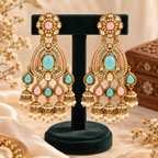 Aarvika Kundan Style Long Chandelier Earrings with Pearl Bead Drops, Pastel Green/Pink