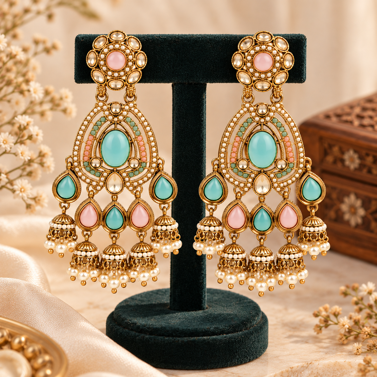 Aarvika Kundan Style Long Chandelier Earrings with Pearl Bead Drops, Pastel Green/Pink