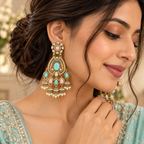 Aarvika Kundan Style Long Chandelier Earrings with Pearl Bead Drops, Pastel Green/Pink