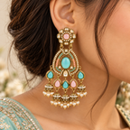 Aarvika Kundan Style Long Chandelier Earrings with Pearl Bead Drops, Pastel Green/Pink