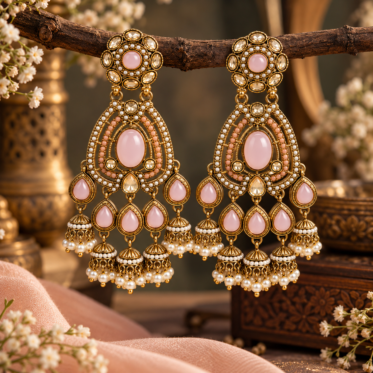 Aarvika Kundan Style Long Chandelier Earrings with Pearl Bead Drops, Pink