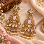 Aarvika Kundan Style Long Chandelier Earrings with Pearl Bead Drops, Pink