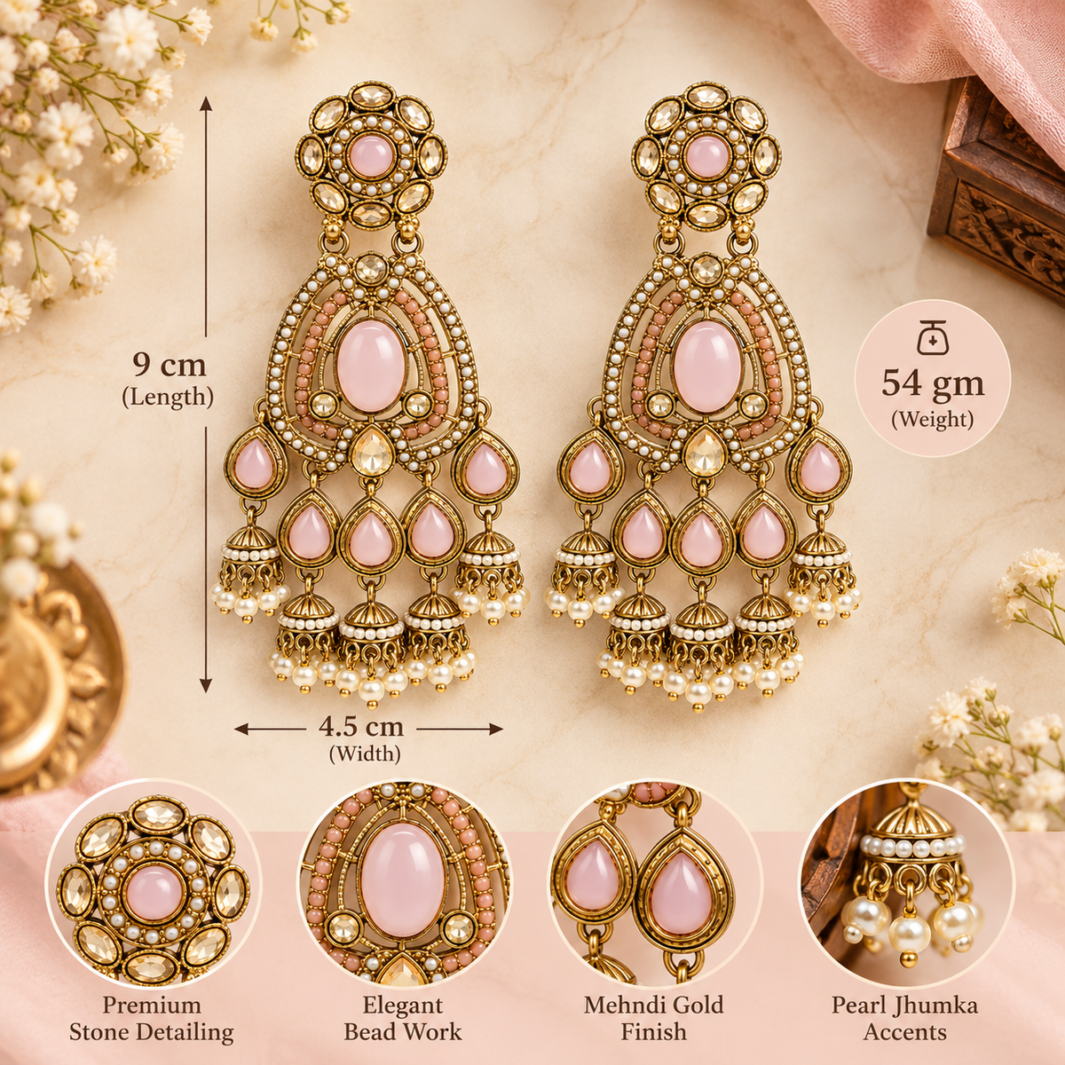 Aarvika Kundan Style Long Chandelier Earrings with Pearl Bead Drops, Pink