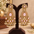 Aarvika Kundan Style Long Chandelier Earrings with Pearl Bead Drops, Pink