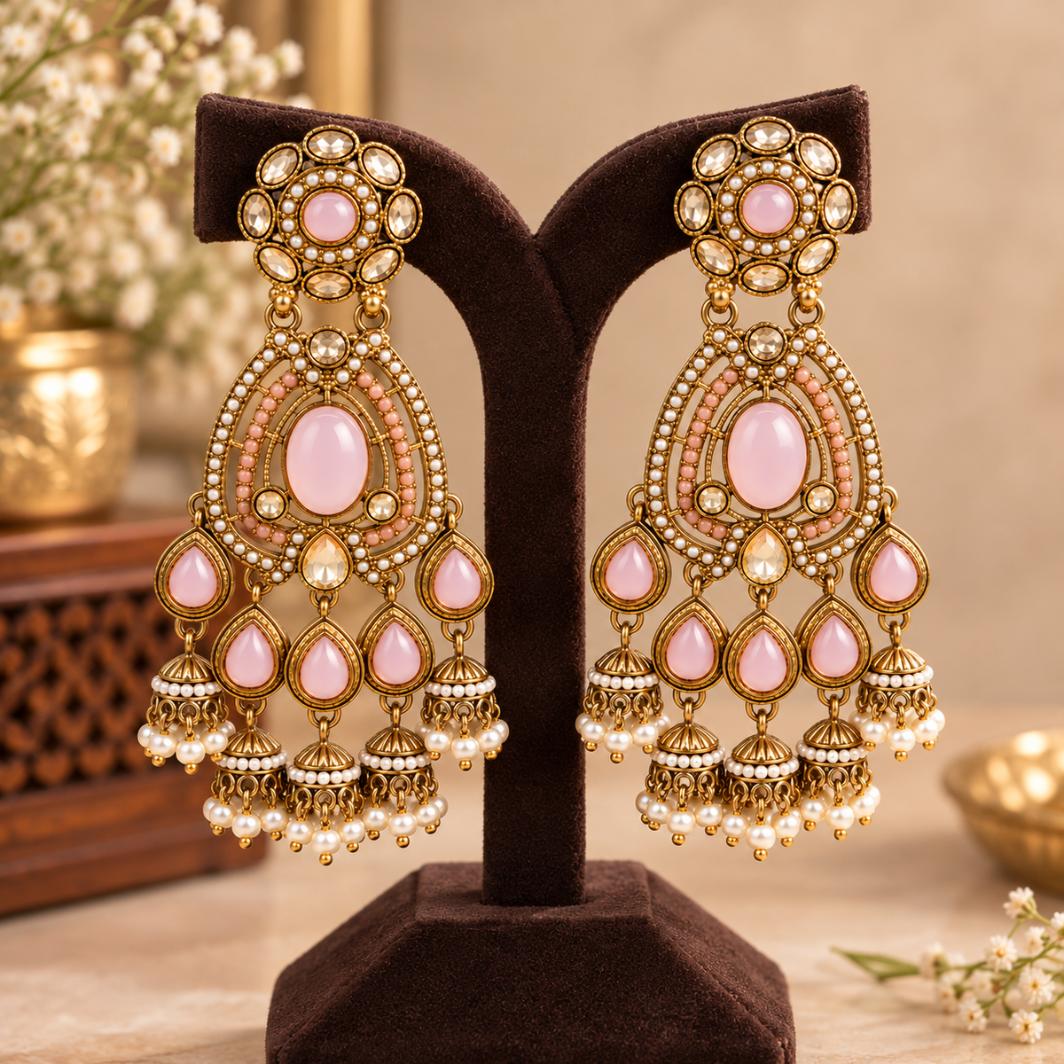 Aarvika Kundan Style Long Chandelier Earrings with Pearl Bead Drops, Pink
