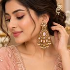 Aarvika Kundan Style Long Chandelier Earrings with Pearl Bead Drops, Pink