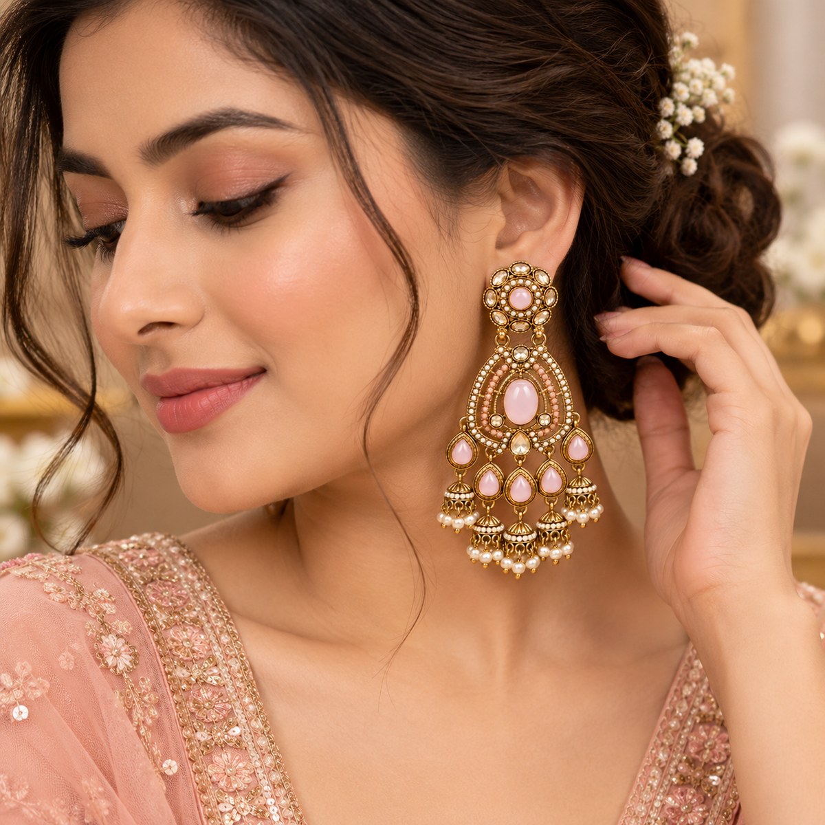 Aarvika Kundan Style Long Chandelier Earrings with Pearl Bead Drops, Pink