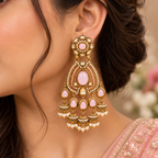 Aarvika Kundan Style Long Chandelier Earrings with Pearl Bead Drops, Pink