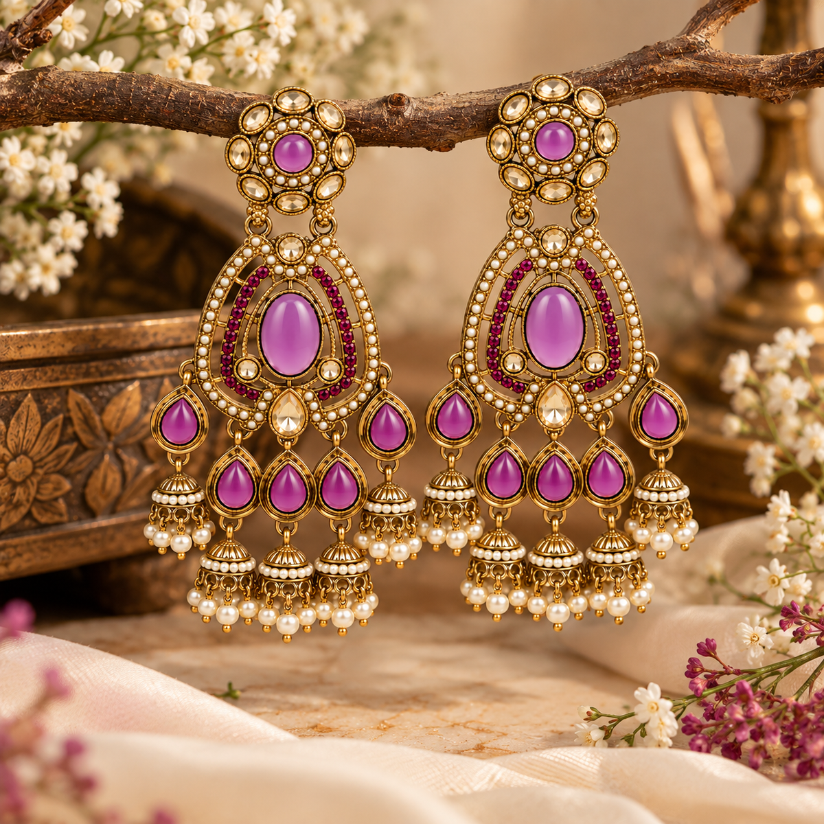 Aarvika Kundan Style Long Chandelier Earrings with Pearl Bead Drops, Purple