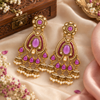 Aarvika Kundan Style Long Chandelier Earrings with Pearl Bead Drops, Purple