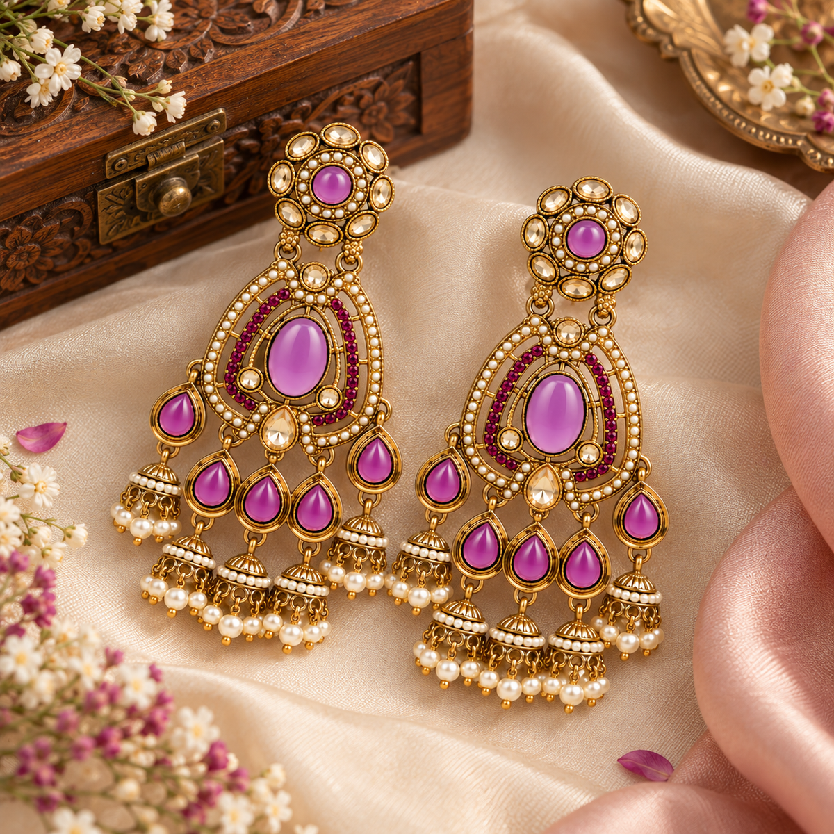 Aarvika Kundan Style Long Chandelier Earrings with Pearl Bead Drops, Purple